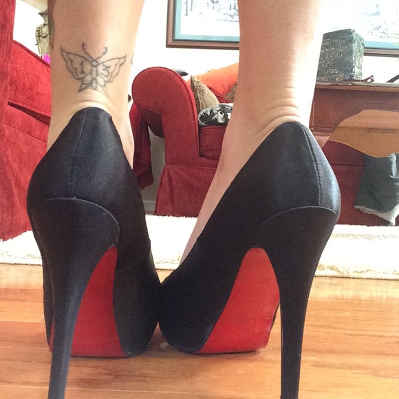 Christian Louboutin open toe satin red bottom heel