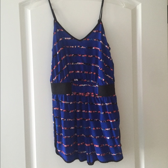 cute blue romper with floral patterned stripes