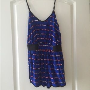 cute blue romper with floral patterned stripes