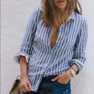 Blue White Lapel Vertical Stripe Pocket Blouse
