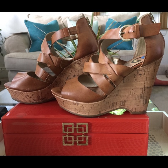 G by Guess strap-up camel leather wedge sandals.