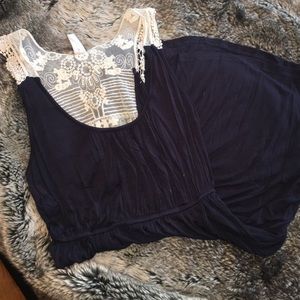 Navy sundress with pockets and lace detail on back