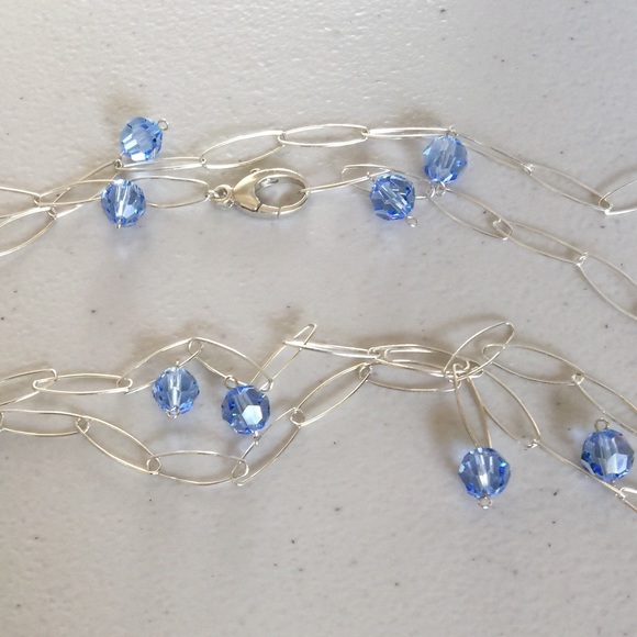 HANDCRAFTED INCREDIBLE 72” STERLING SILVER CHAIN NECKLACE SWAROVSKI BLUE CRYSTAL
