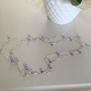 HANDCRAFTED INCREDIBLE 72” STERLING SILVER CHAIN NECKLACE SWAROVSKI BLUE CRYSTAL