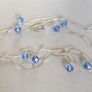 HANDCRAFTED INCREDIBLE 72” STERLING SILVER CHAIN NECKLACE SWAROVSKI BLUE CRYSTAL