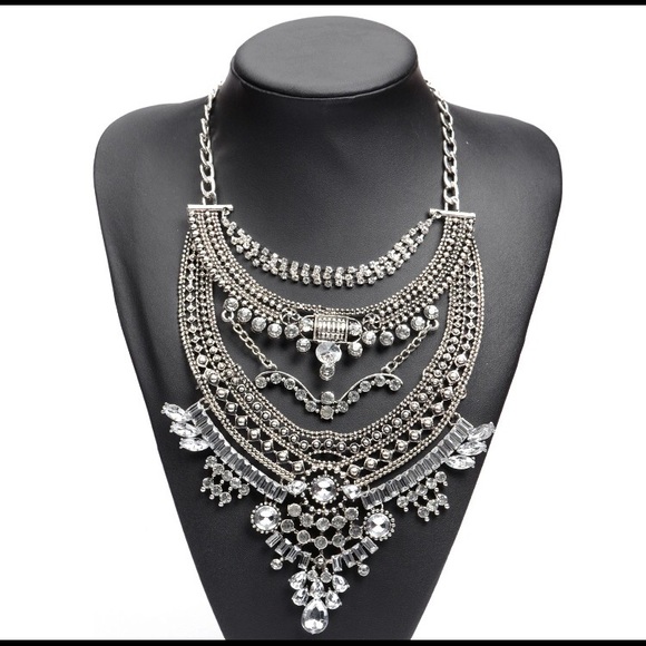 Statement Necklace Silver with Clear stones