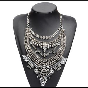 Statement Necklace Silver with Clear stones