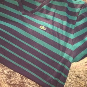 Teal and navy blue striped v-neck Lacoste shirt