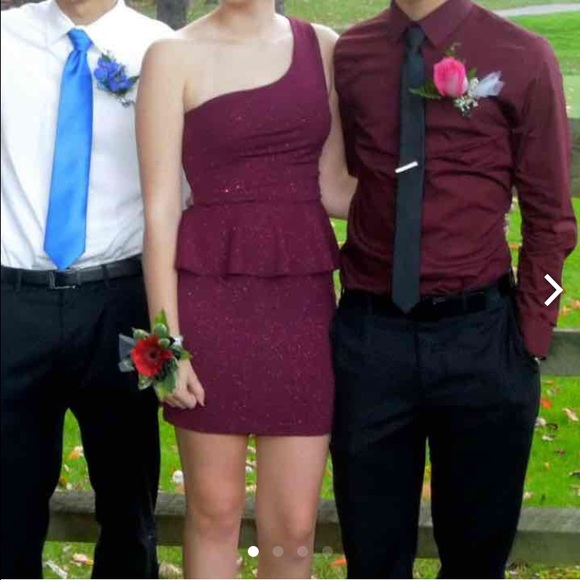 one shoulder maroon sparkly dress