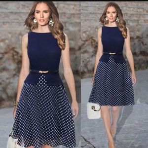 Navy blue, bottom polka dot chiffon dress.