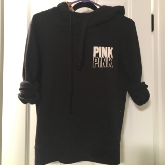 PINK black sweatshirt with leopard inside of hood