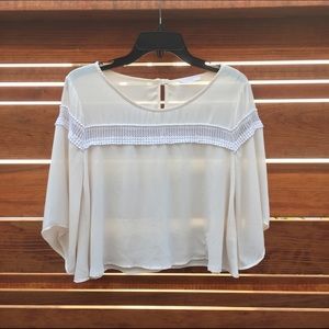 Cropped cream sheer top with lace detailing.