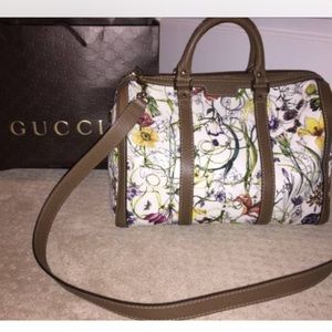 Gucci White Web Floral Canvas Boston Bag