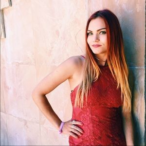 LF red rust lace bodycon dress