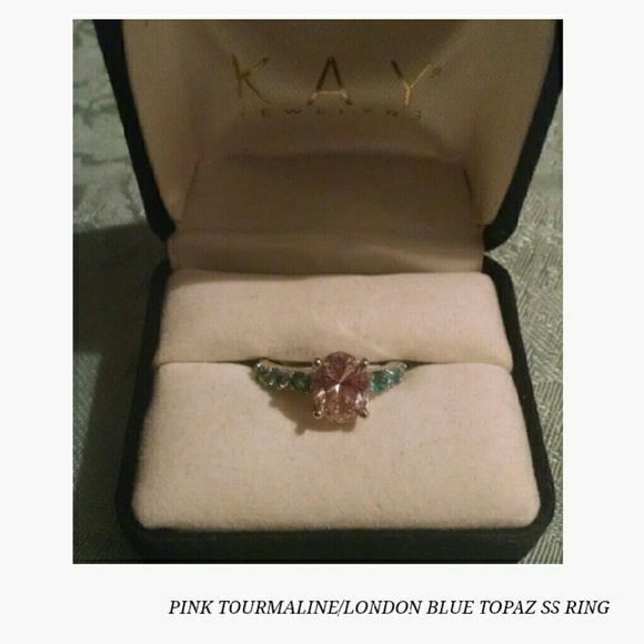 PINK TOURMALINE LONDON BLUE TOPAZ SS RING SZ 6