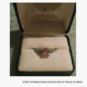 PINK TOURMALINE LONDON BLUE TOPAZ SS RING SZ 6