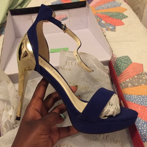 Suede Royal Blue + Gold Mirror Heels - Picture 3 of 6