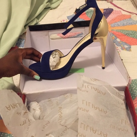 Suede Royal Blue + Gold Mirror Heels - Picture 4 of 6