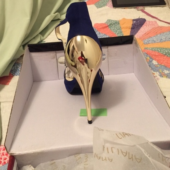 Suede Royal Blue + Gold Mirror Heels - Picture 5 of 6