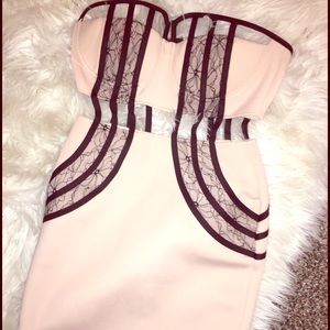 REHAB blush with black lace bodycon