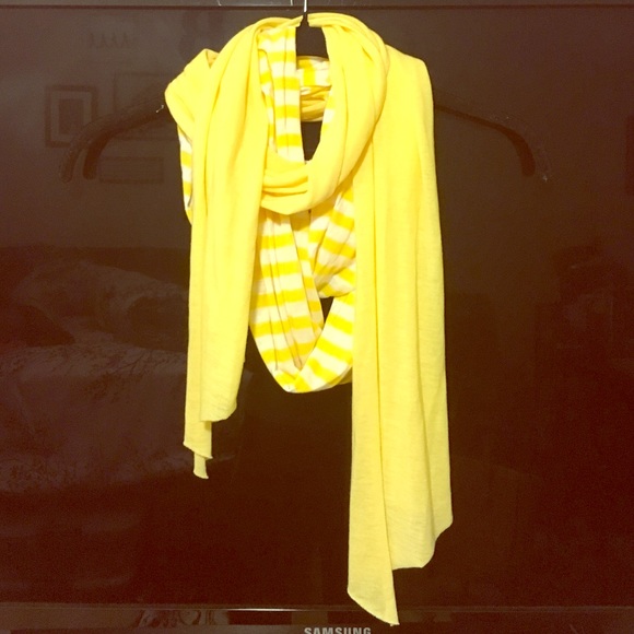 Yellow striped infinity scarf, & yellow scarf.