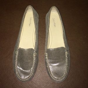 Gray snakeskin loafers