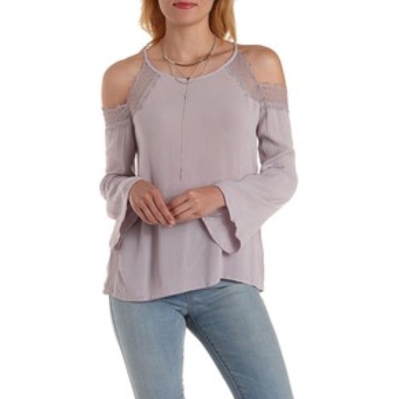 Lilac lace-trim cold shoulder top