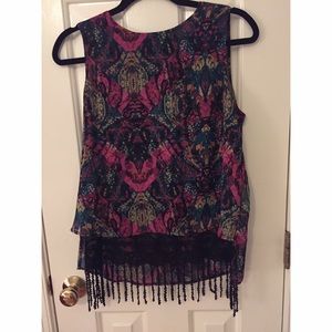 BCBG printed top with black lace fringe!