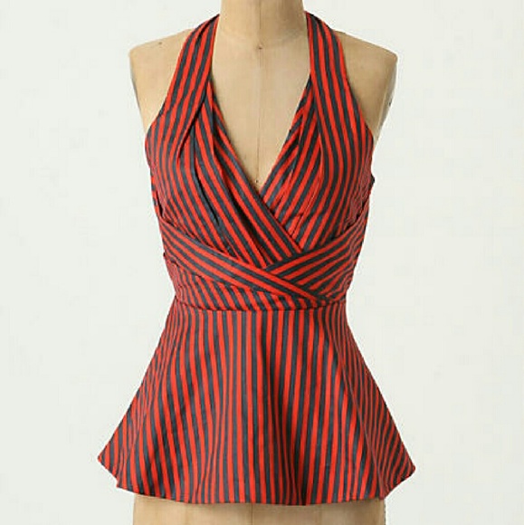 Anthropologie Tops - {anthropologie} Odille Red Navy Striped Halter