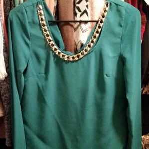 Teal blouse with gold chain