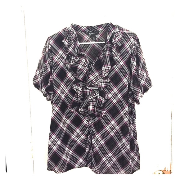 Plaid ruffle front top button down
