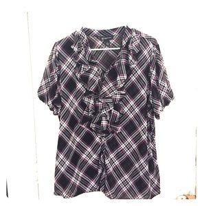 Plaid ruffle front top button down