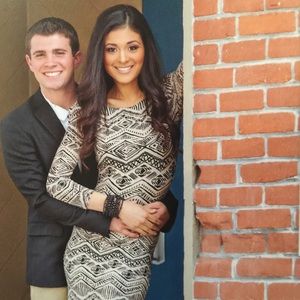 Long sleeve printed cream &black dress mid length