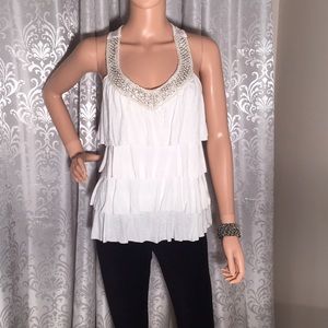Forever 21 white ruffle /beaded neckline shirt
