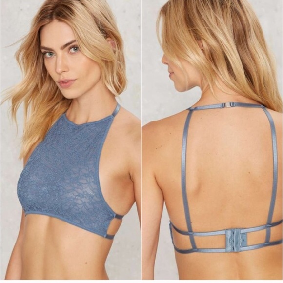 Dusty Blue Lace Halter Bralette Lace Crop - Picture 2 of 2