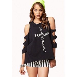 Forever21 Black "Eternal Lovers" open-sleeve shirt