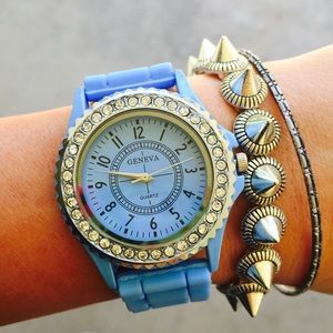 blue watch // silver bracelets set