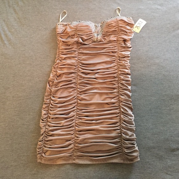 Strapless Beige Ruched Dress with Sparkles