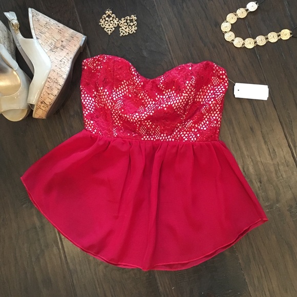 Strapless Red Lace Chiffon Flowy Peplum Top S