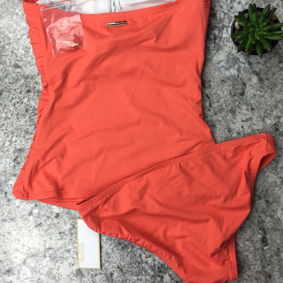 Michael Kors coral orange bandeau tankini swimsuit - Picture 3 of 4