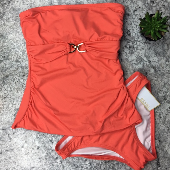 Michael Kors coral orange bandeau tankini swimsuit - Picture 2 of 4