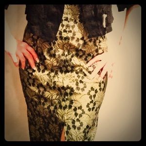 Vintage Blk & Green Lace Long Split Skirt Med.