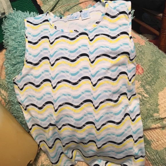 Blue yellow and teal and white  sleeveless blouse - Picture 1 of 2