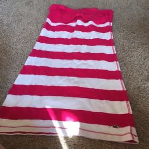 Pink/white striped strapless body con dress