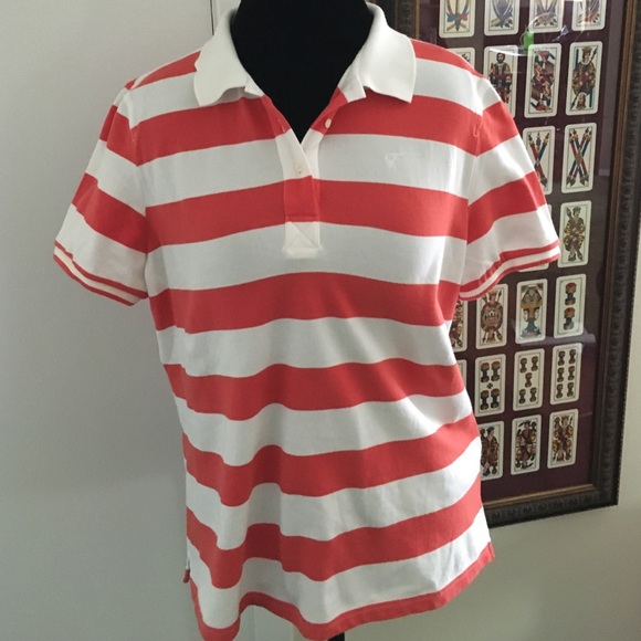 Deep coral and white polo shirt