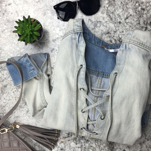 Free People lace up denim tunic mini dress - Picture 4 of 4