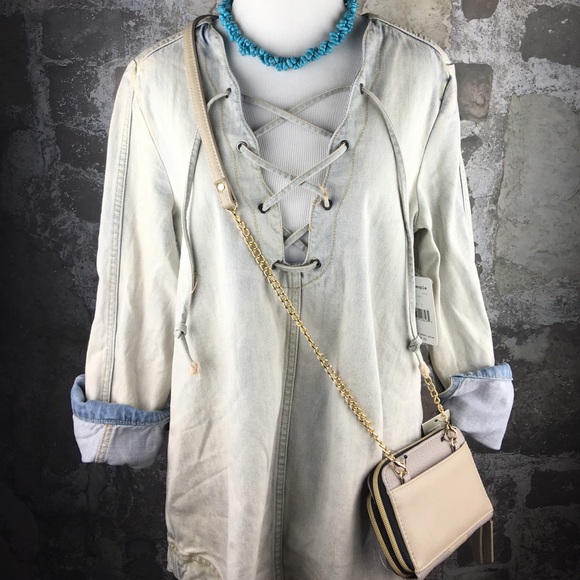 Free People lace up denim tunic mini dress - Picture 3 of 4