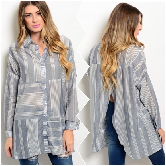 🌺🎀🌸 Gray Ivory Striped Shirt 🌸🎀🎊