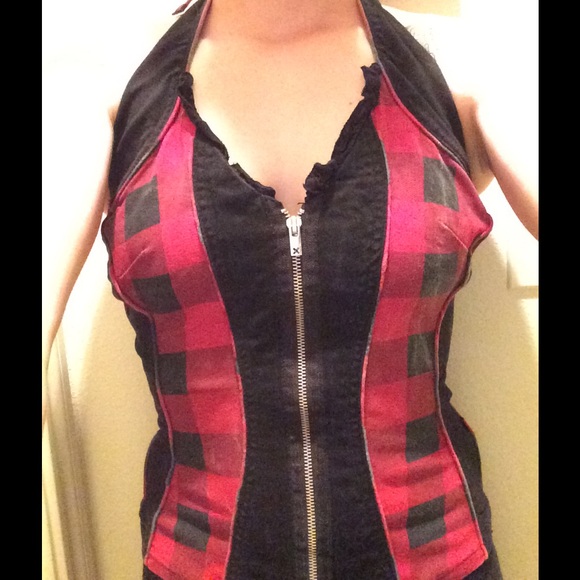 Red plaid Trip Zip-up Corset Halter Top