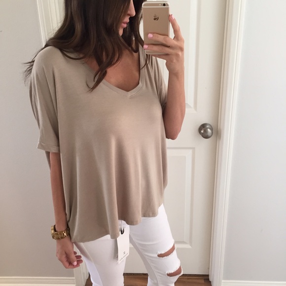 SOLD OUT • Taupe Jersey Knit V-Neck Top - Picture 2 of 4